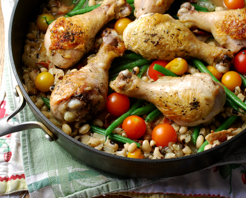 Rustic but no plain Jane: Oneskillet Chicken with Blackeyed Peas and Cherry Tomatoes